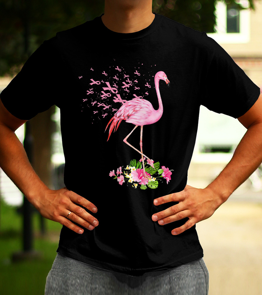 Flamingo With Pink Breast Cancer Ribbons And Floral Accents T-Shirt