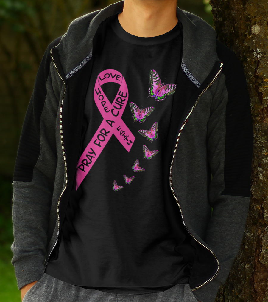 Pray For A Cure Love Faith Breast Cancer Awareness Butterflies T-Shirt