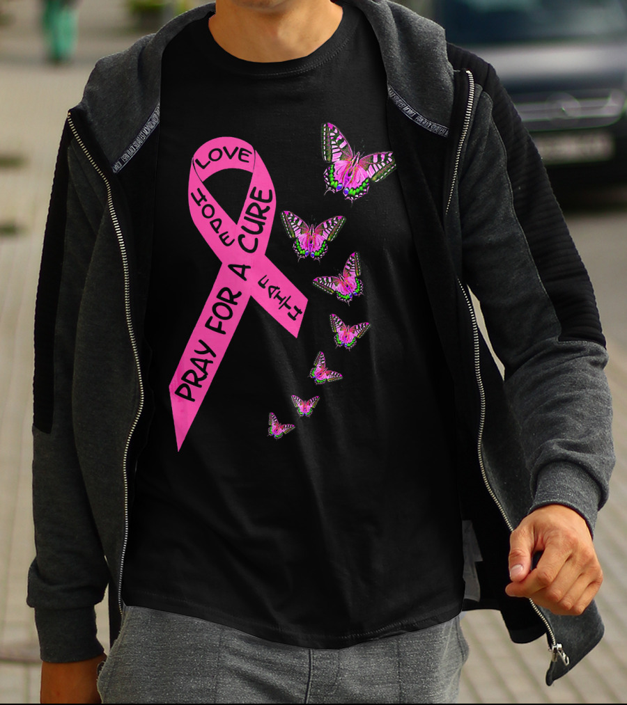 Pray For A Cure Love Faith Breast Cancer Awareness Butterflies T-Shirt