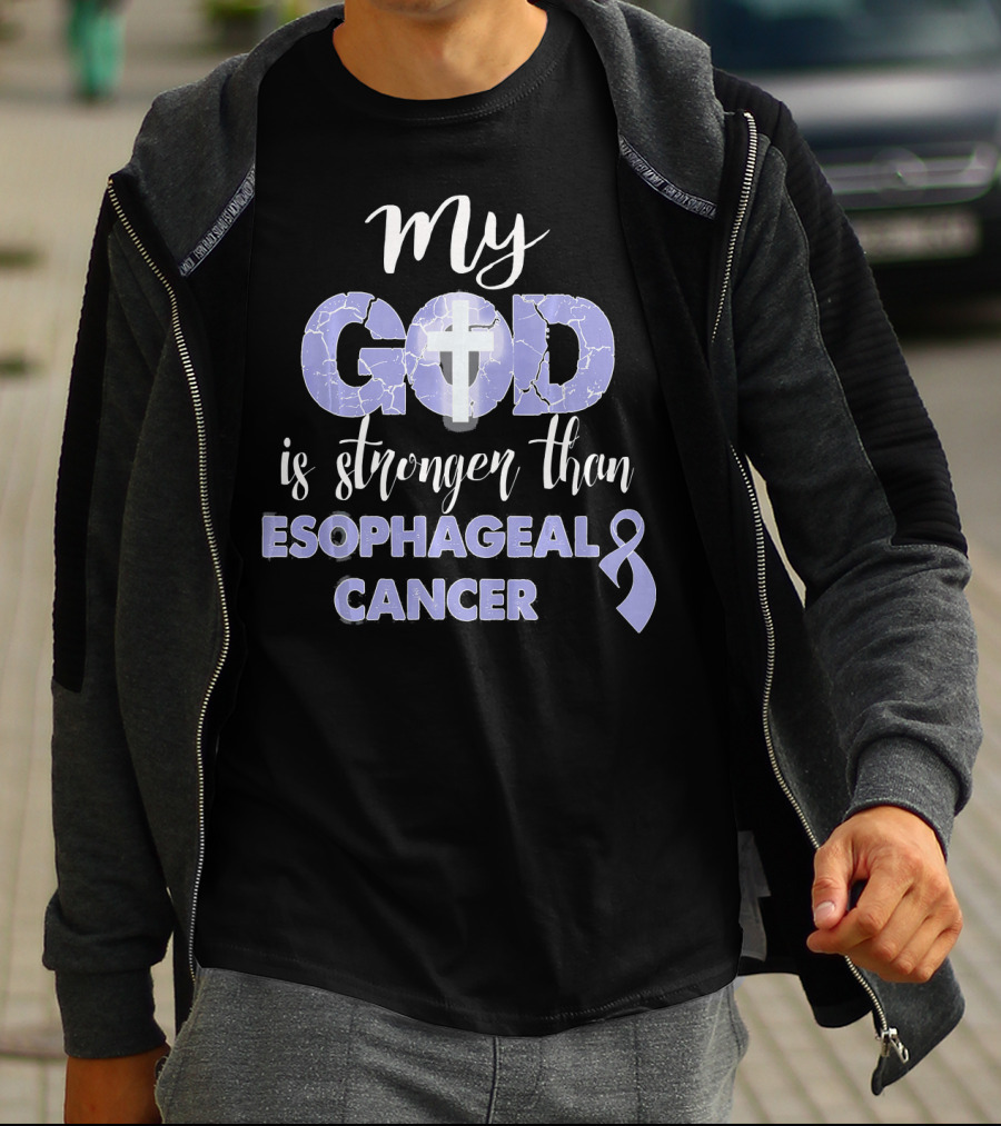 My God Is Stronger Than Esophageal Cancer Purple Ribbon Cross T-Shirt