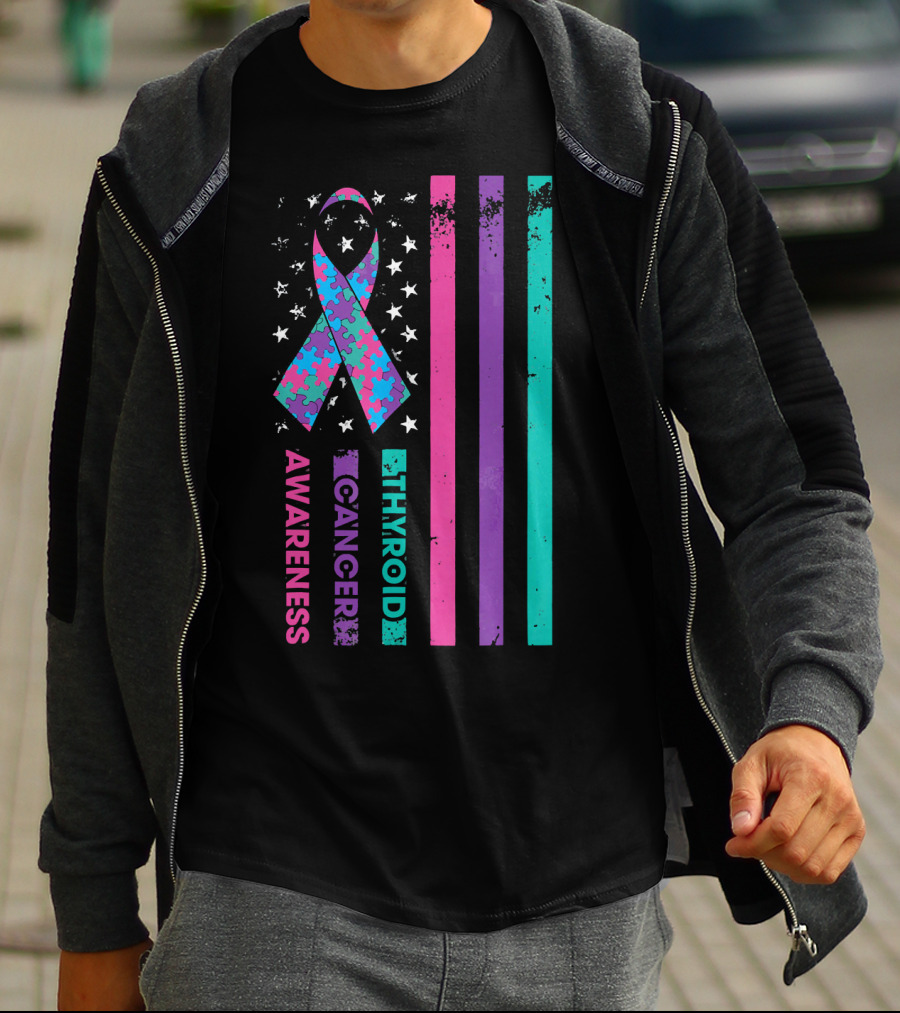 Thyroid Cancer Awareness Puzzle Ribbon Flag Stars Stripes T-Shirt