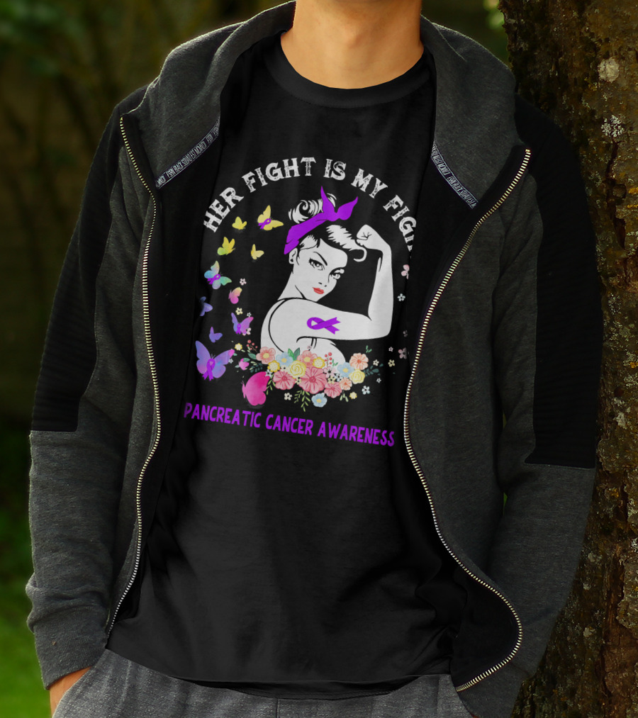 Her Fight Is My Fight Pancreatic Cancer Awareness Butterflies And Flowers T-Shirt