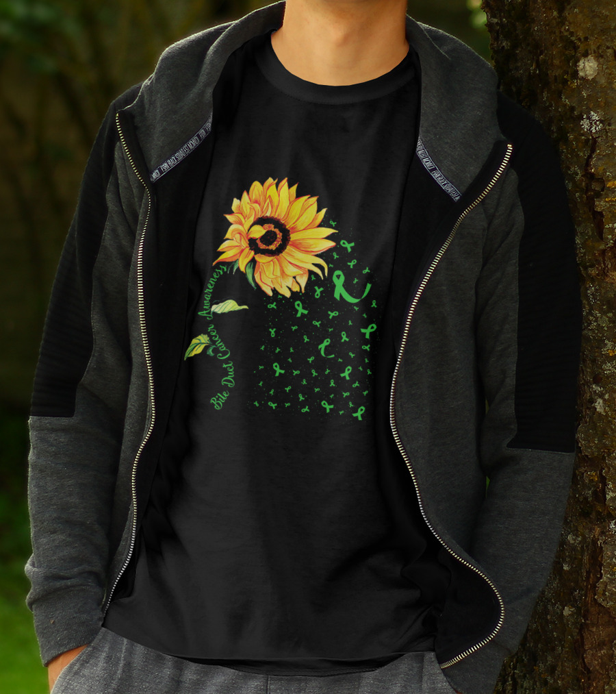 Sunflower Bile Duct Cancer Awareness Ribbon Green T-Shirt