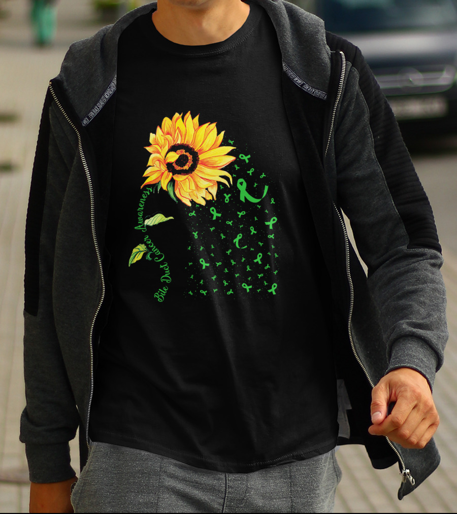 Sunflower Bile Duct Cancer Awareness Ribbon Green T-Shirt