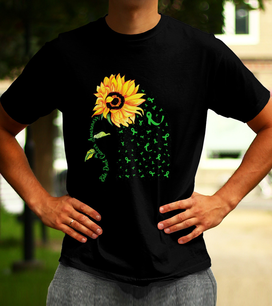 Sunflower Bile Duct Cancer Awareness Ribbon Green T-Shirt