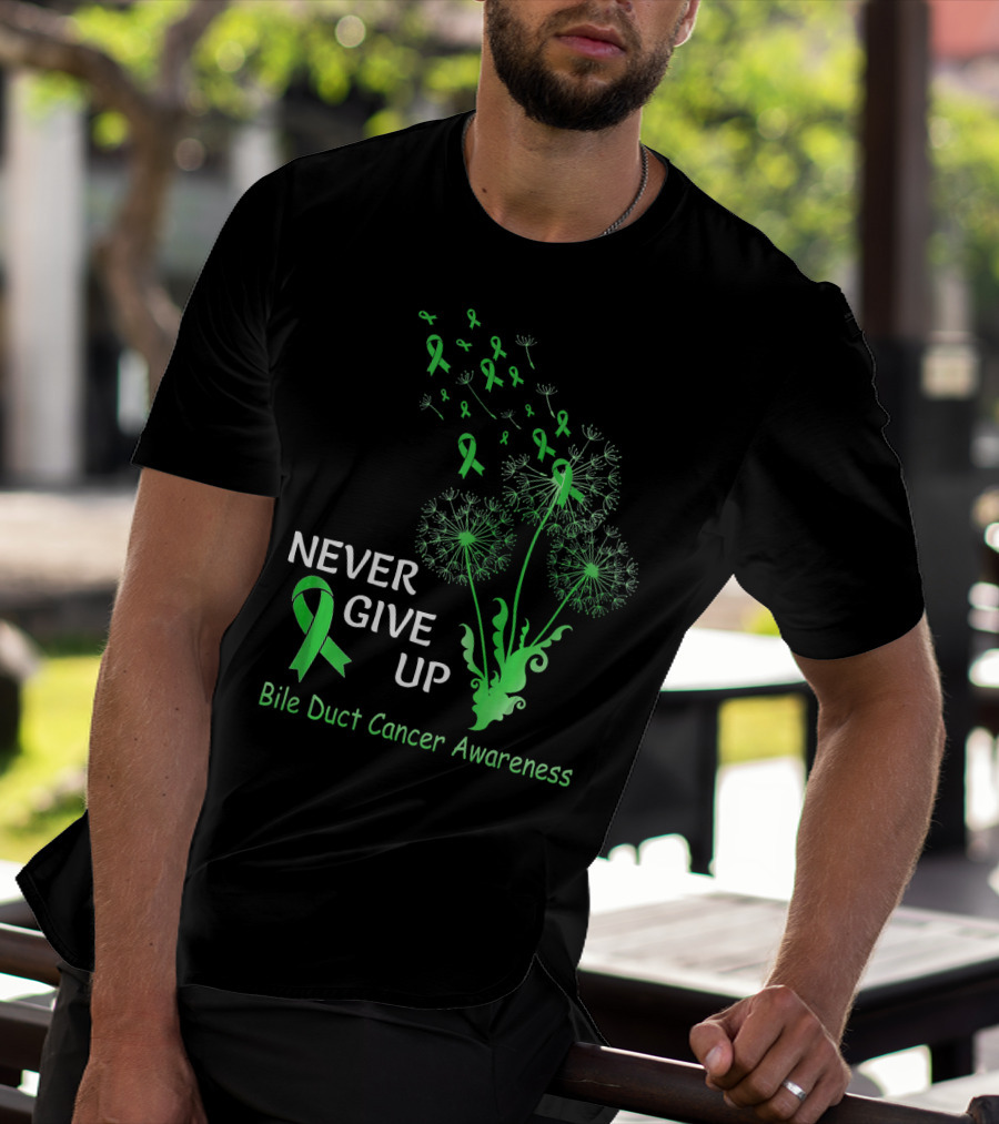 Never Give Up Bile Duct Cancer Awareness Dandelion Green Ribbons T-Shirt
