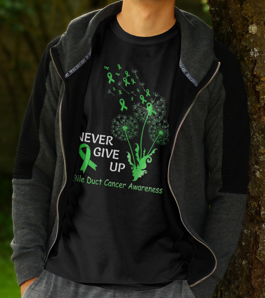 Never Give Up Bile Duct Cancer Awareness Dandelion Green Ribbons T-Shirt