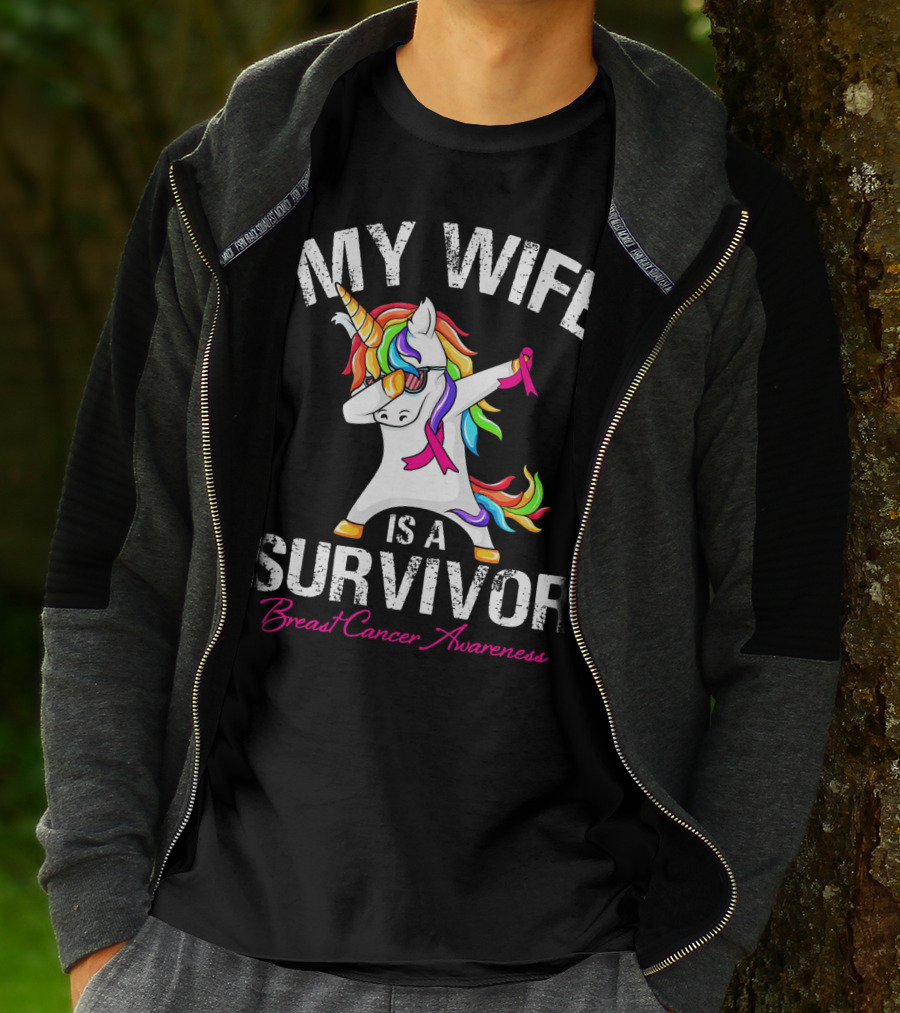 My Wife Is A Survivor Breast Cancer Awareness Unicorn Dabbing Rainbow T-Shirt