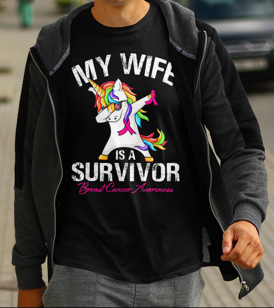 My Wife Is A Survivor Breast Cancer Awareness Unicorn Dabbing Rainbow T-Shirt