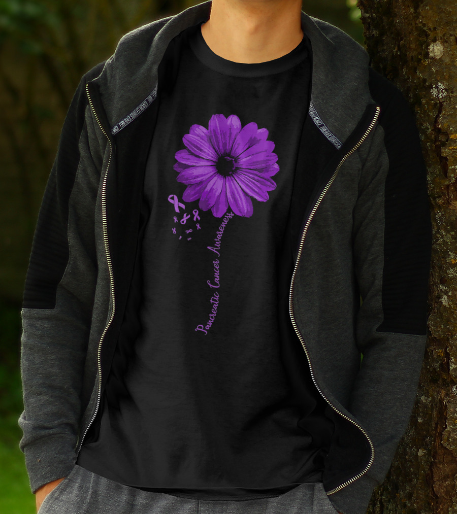 Pancreatic Cancer Awareness Purple Ribbon Purple Flower T-Shirt
