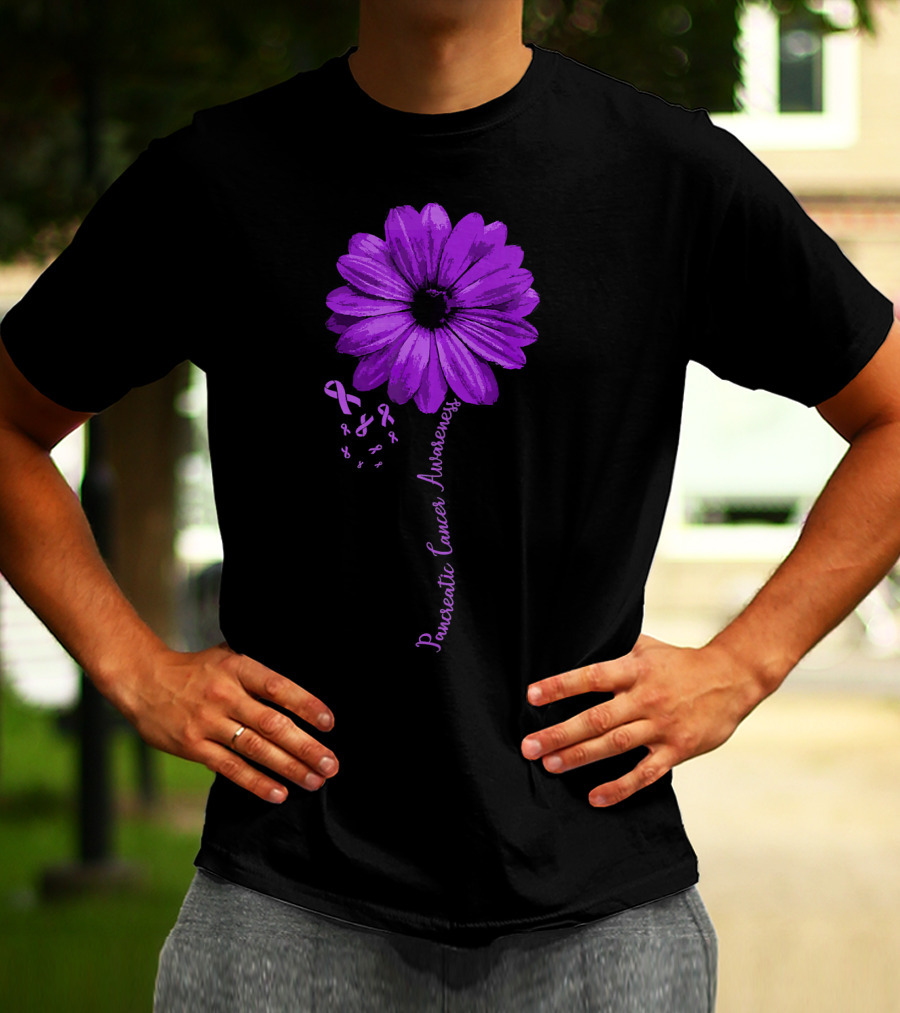 Pancreatic Cancer Awareness Purple Ribbon Purple Flower T-Shirt