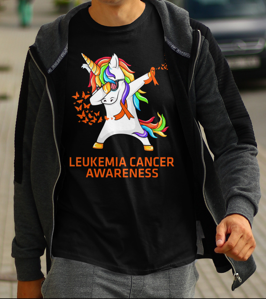 Leukemia Cancer Awareness Unicorn Dabbing With Rainbow Mane And Orange T-Shirt