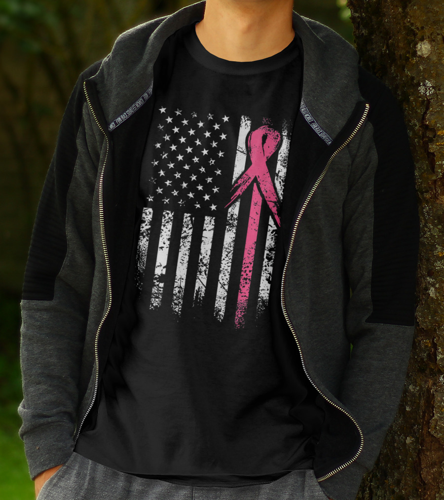 Breast Cancer Awareness American Flag Grunge T-Shirt