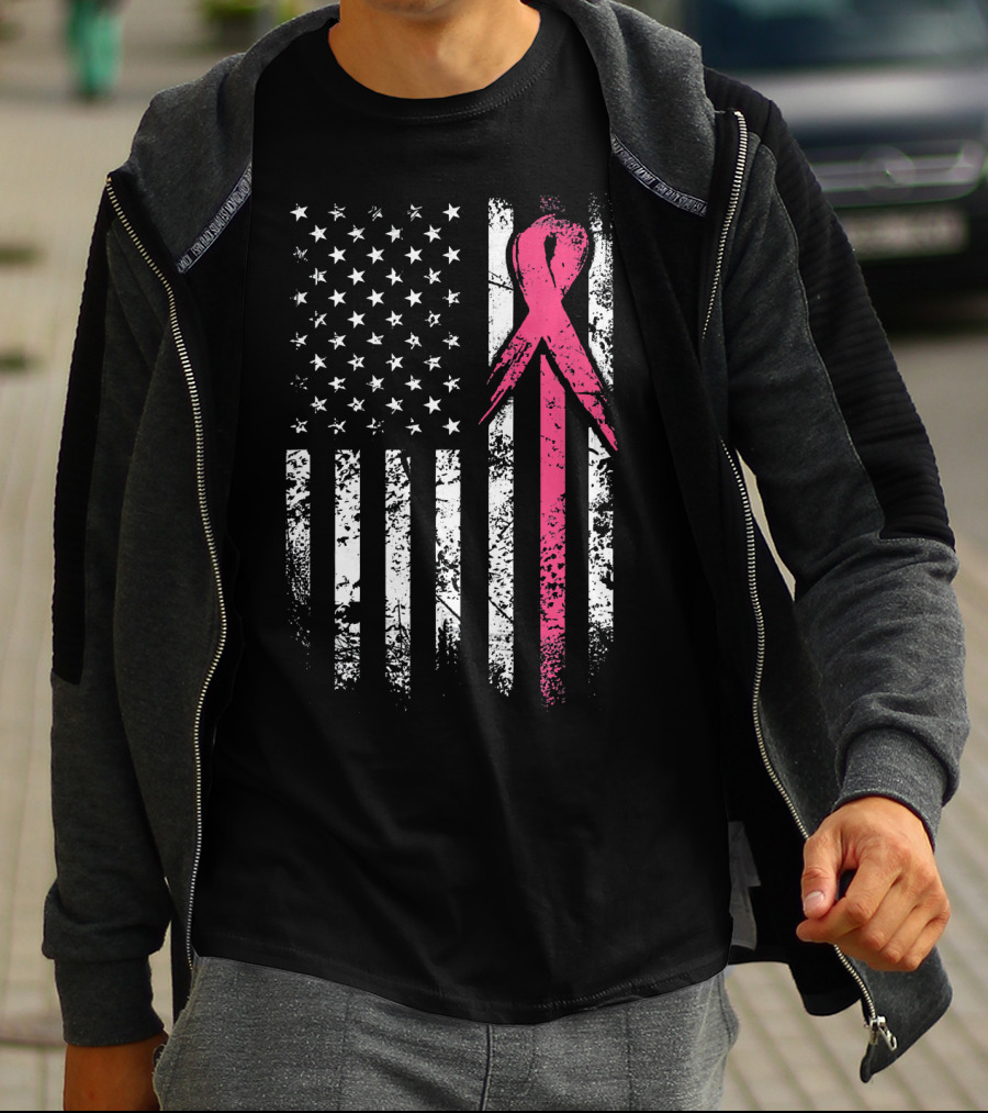 Breast Cancer Awareness American Flag Grunge T-Shirt