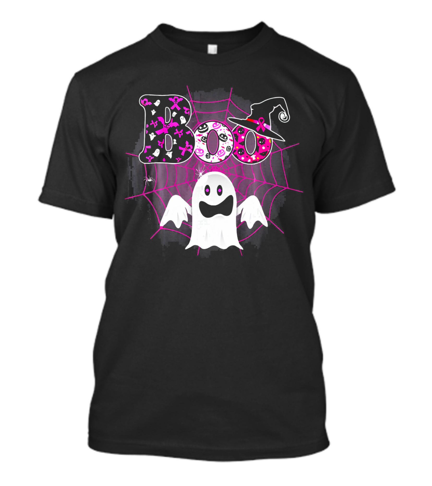 Boo Breast Cancer Awareness Ghost With Witch Hat And Pink Ribbon Web T-Shirt