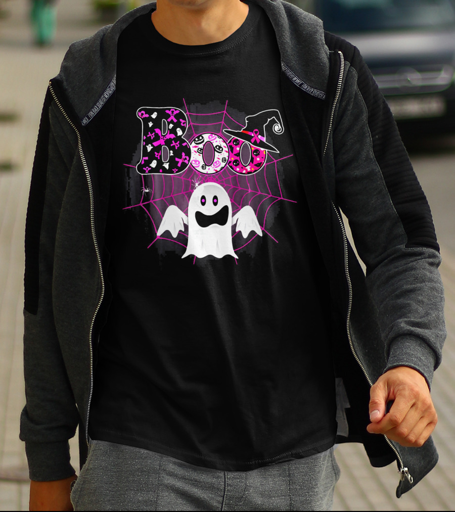 Boo Breast Cancer Awareness Ghost With Witch Hat And Pink Ribbon Web T-Shirt