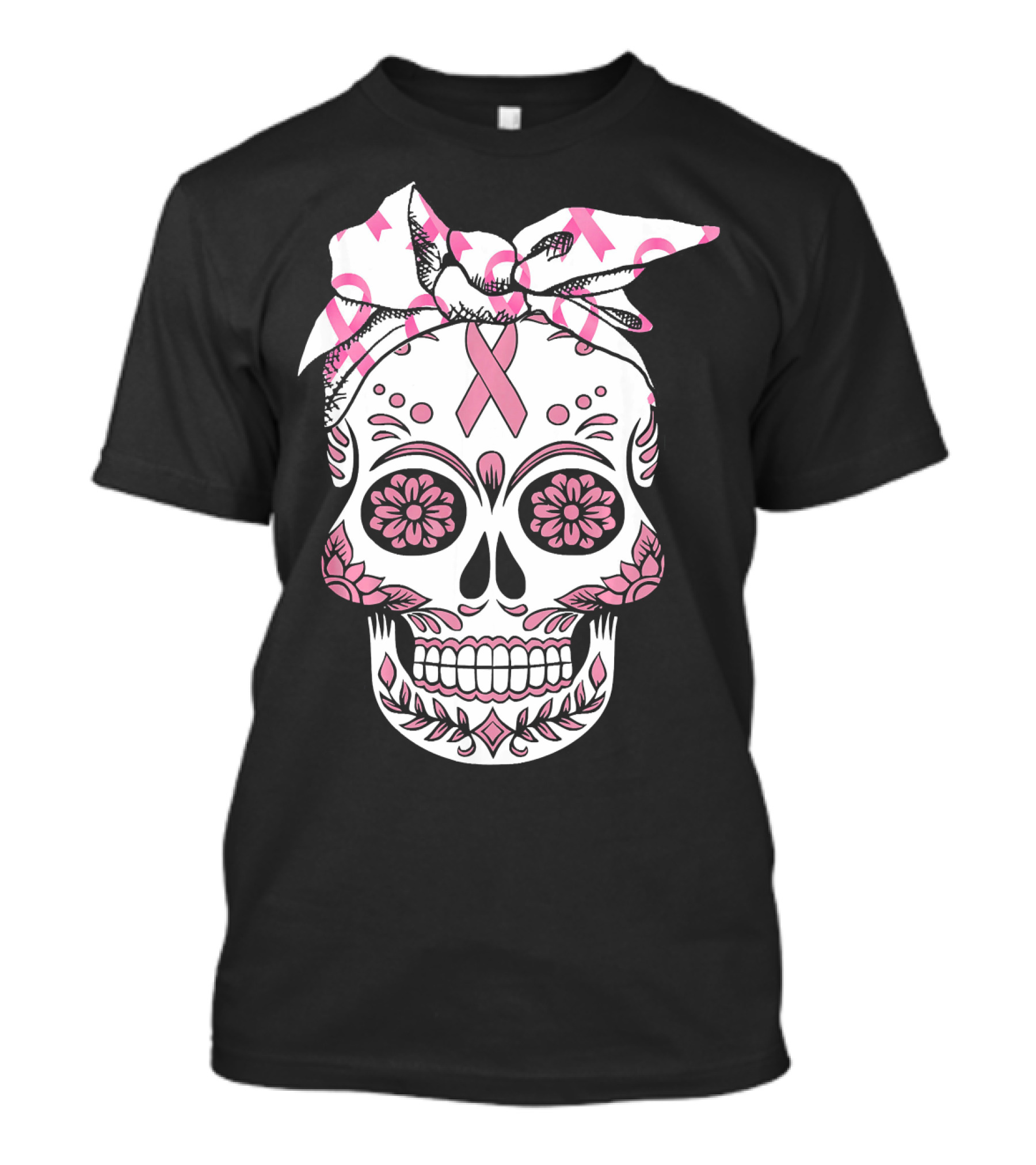 Day Of The Dead Skull With Pink Ribbon For Breast Cancer Awareness T-Shirt
