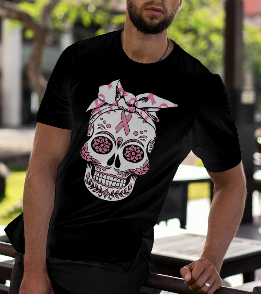 Day Of The Dead Skull With Pink Ribbon For Breast Cancer Awareness T-Shirt