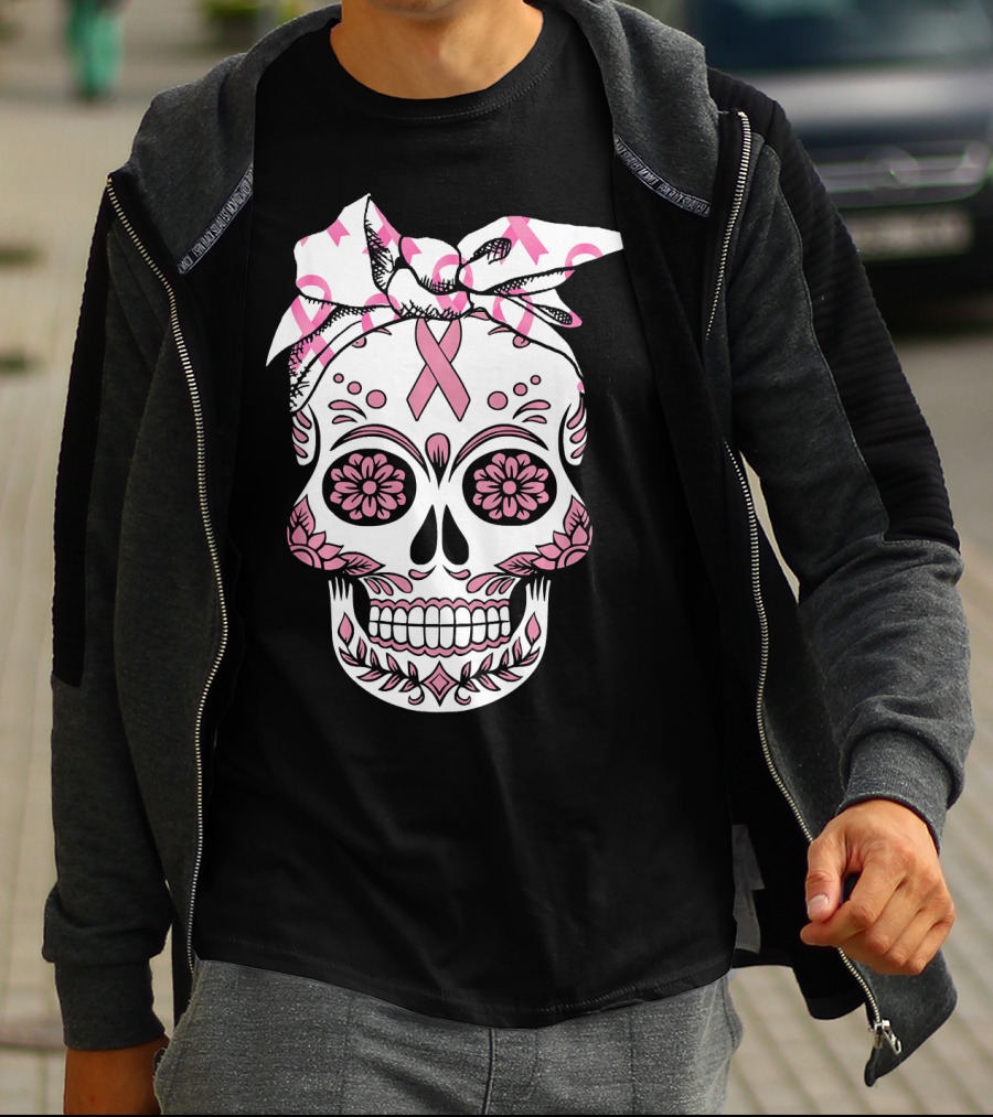 Day Of The Dead Skull With Pink Ribbon For Breast Cancer Awareness T-Shirt