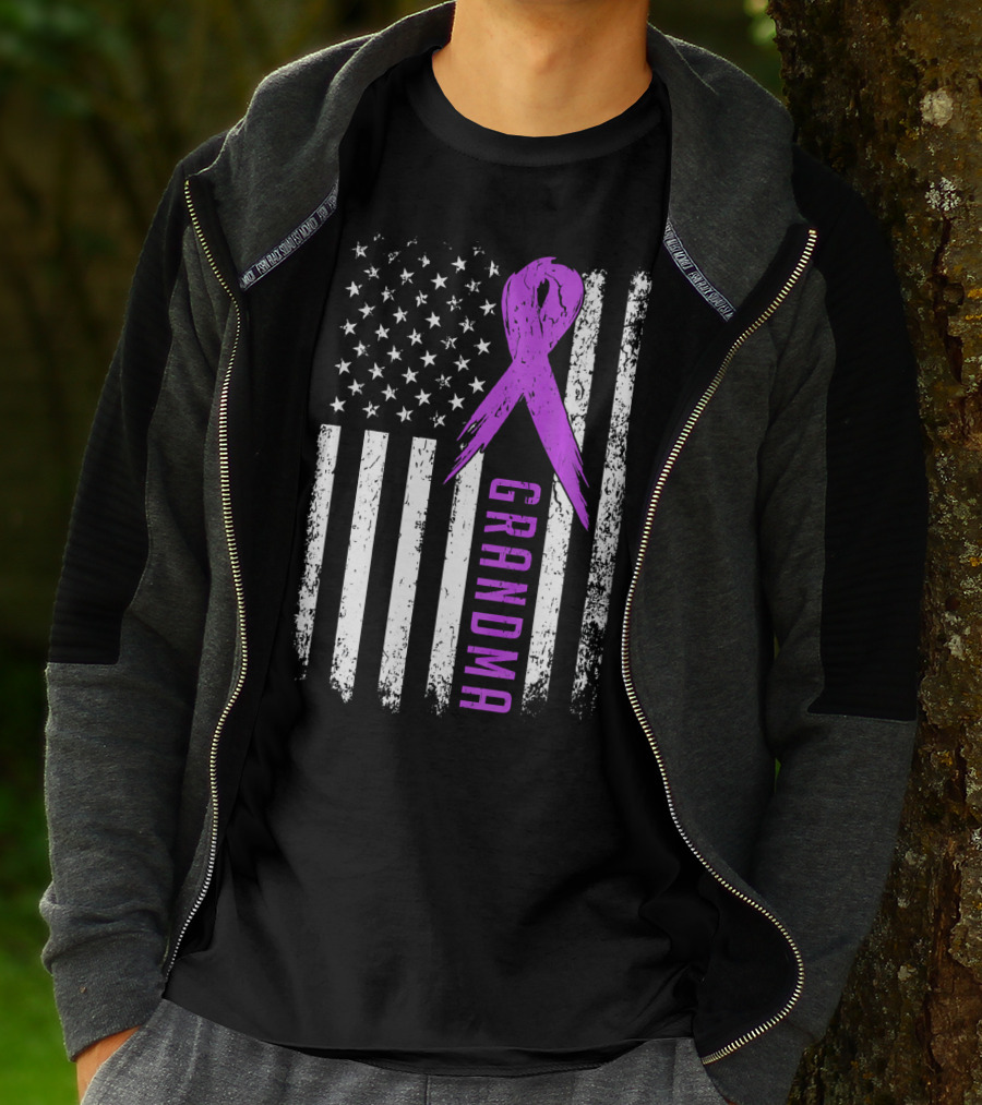 Grandma American Flag Purple Ribbon Pancreatic Cancer Awareness T-Shirt