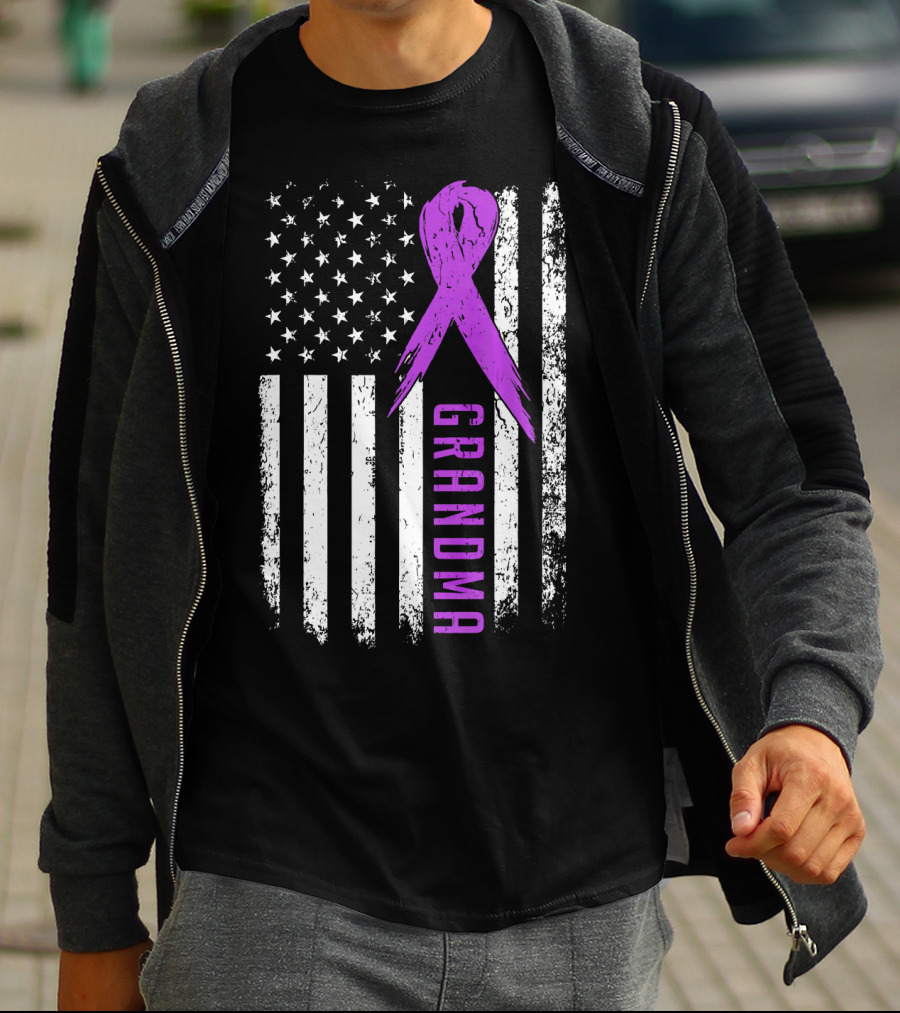 Grandma American Flag Purple Ribbon Pancreatic Cancer Awareness T-Shirt