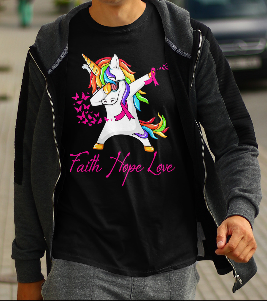 Faith Hope Love Pink Unicorn Breast Cancer Awareness T-Shirt