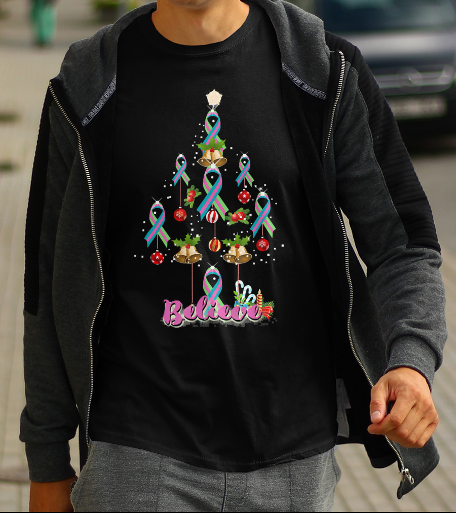 Believe Christmas Tree Metastatic Breast Cancer Awareness T-Shirt
