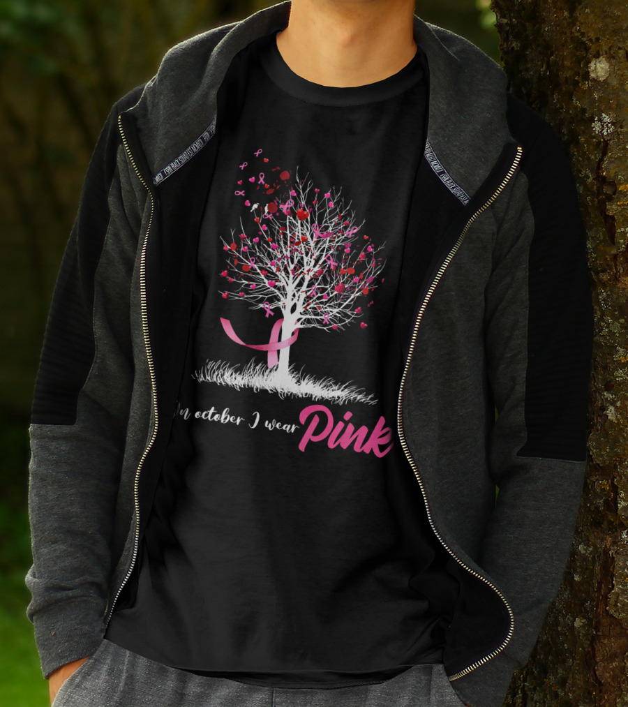 In October We Wear Pink Tree Breast Cancer Awareness Ribbon Hearts T-Shirt