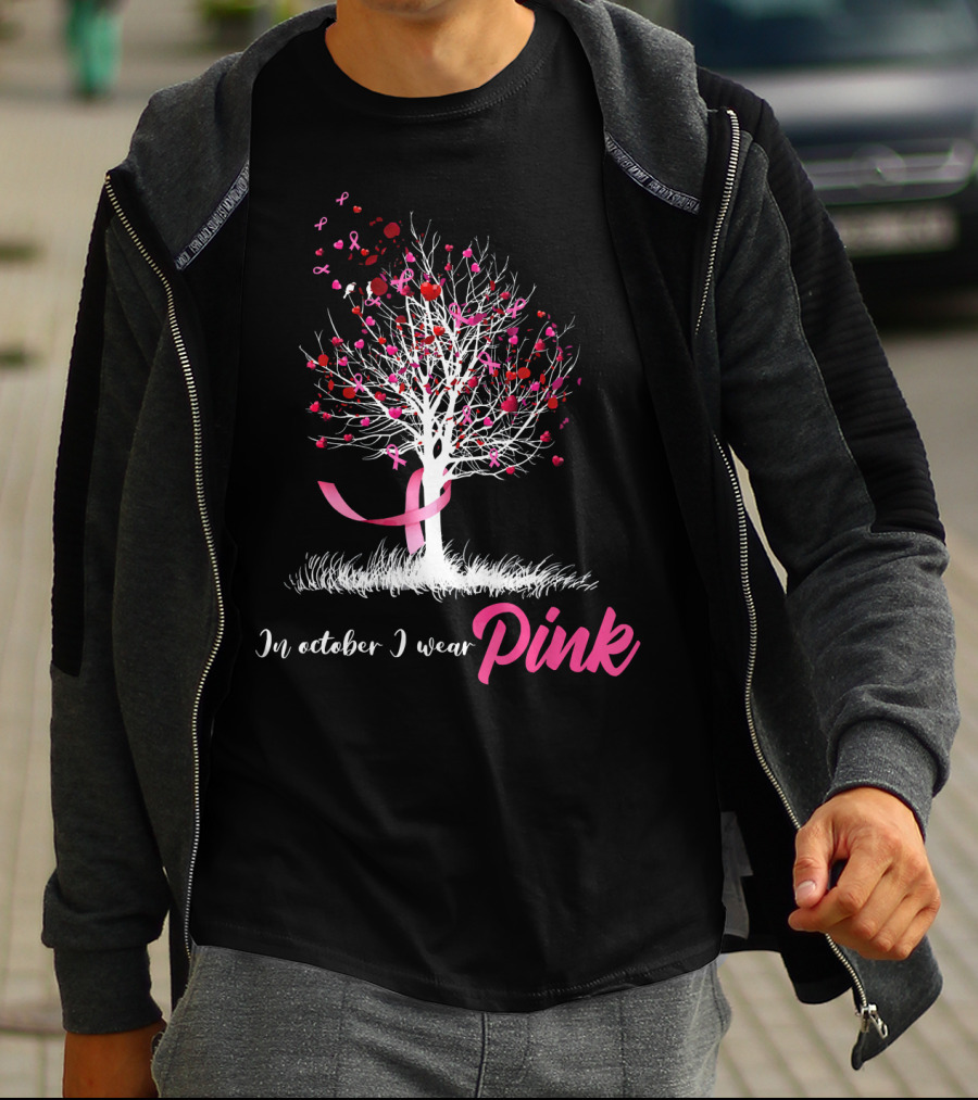In October We Wear Pink Tree Breast Cancer Awareness Ribbon Hearts T-Shirt
