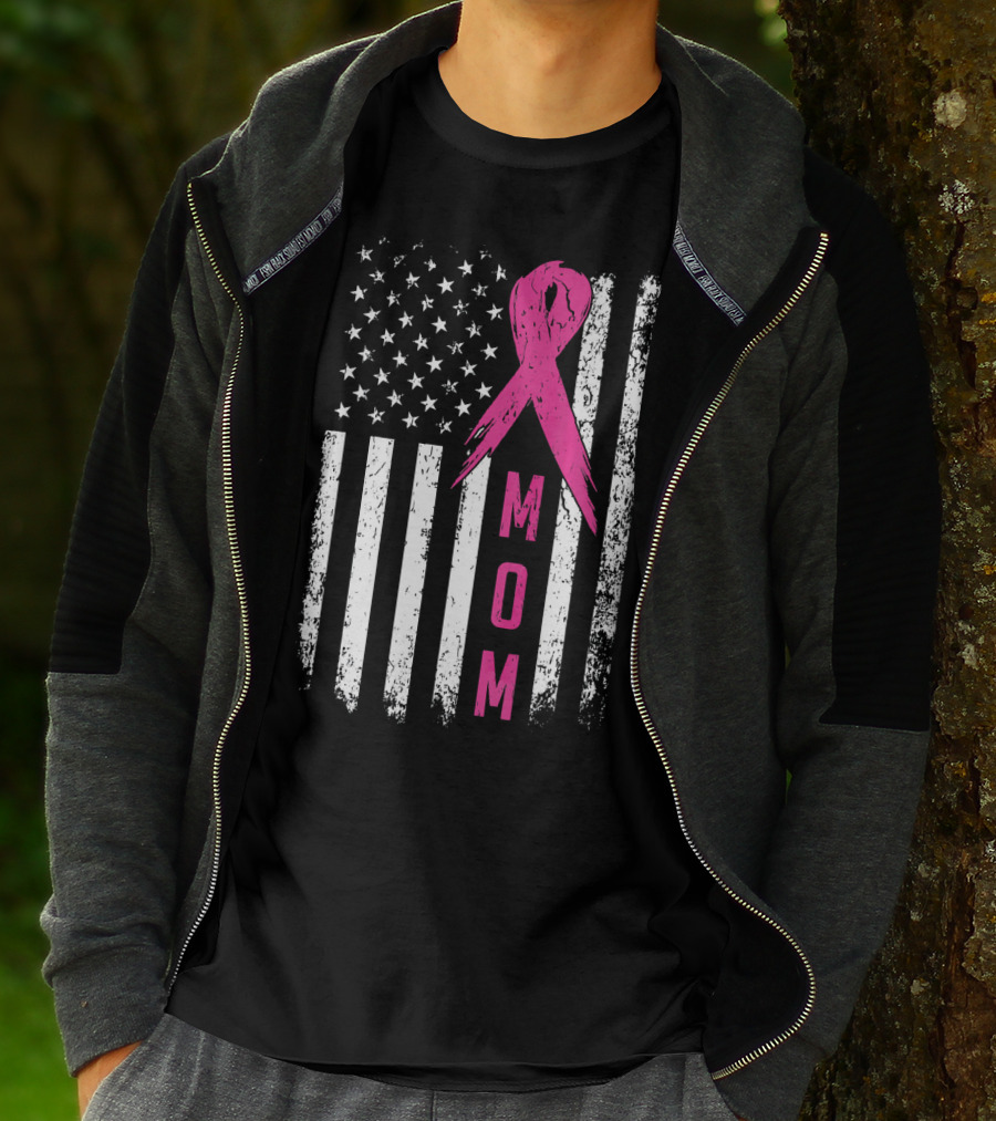 Mom Pink Ribbon American Flag Breast Cancer Awareness T-Shirt