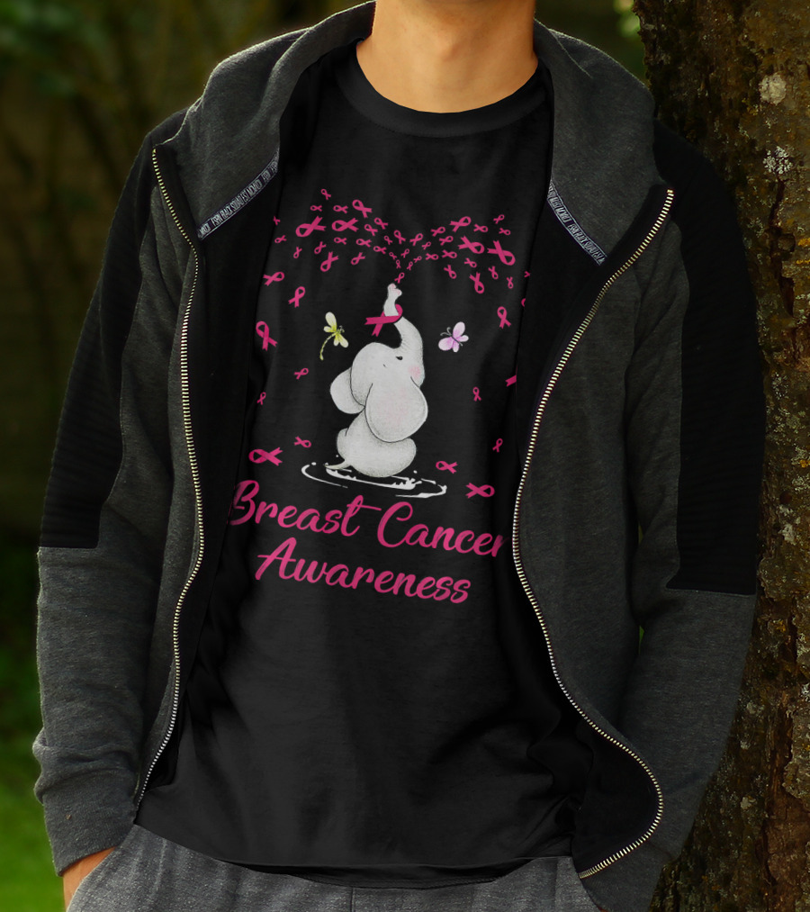 Elephant With Ribbon Breast Cancer Awareness With Butterflies And Ribbons T-Shirt