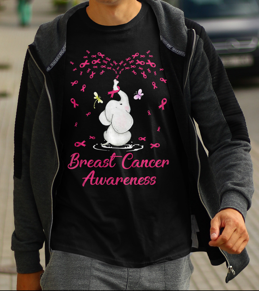 Elephant With Ribbon Breast Cancer Awareness With Butterflies And Ribbons T-Shirt