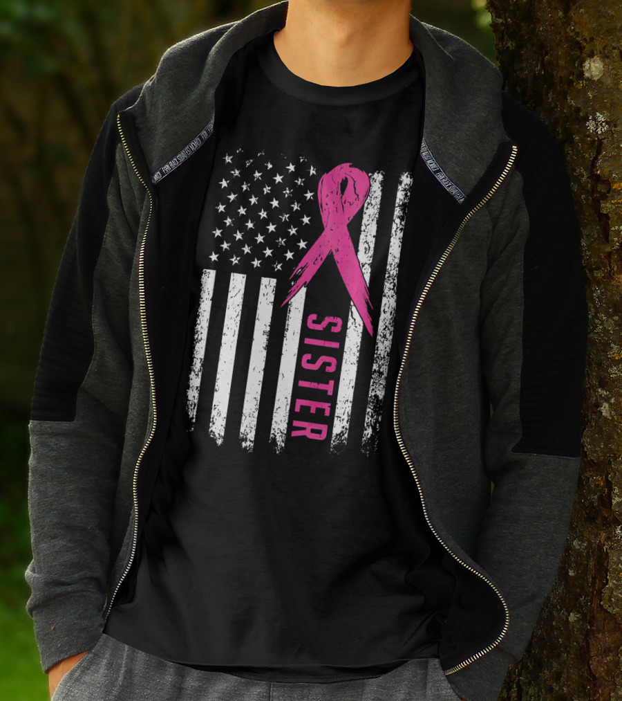 Sister Pink Ribbon American Flag Breast Cancer Awareness T-Shirt