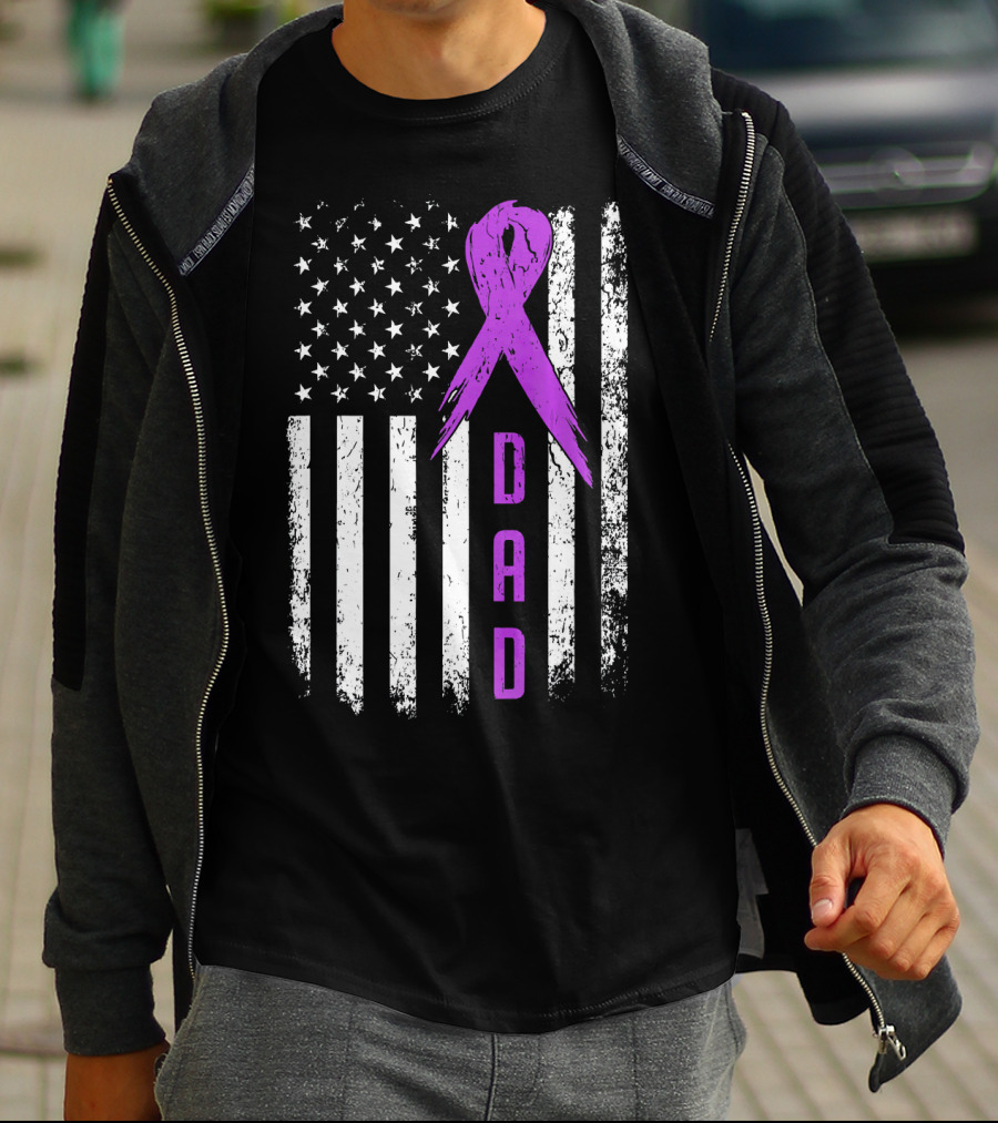 Dad American Flag Pancreatic Cancer Awareness Purple T-Shirt