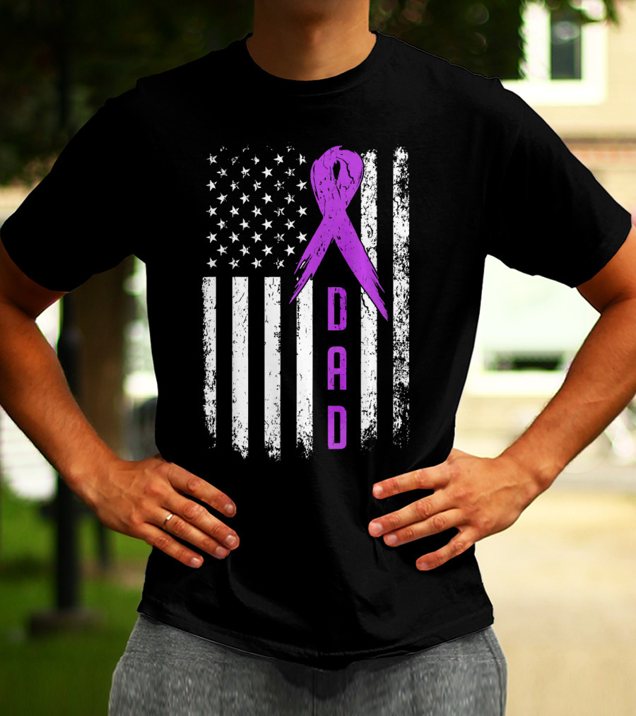 Dad American Flag Pancreatic Cancer Awareness Purple T-Shirt