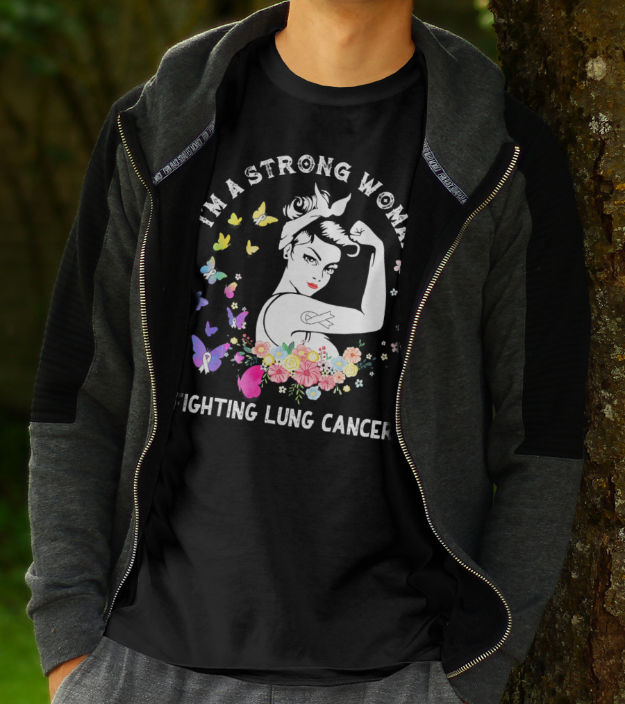 I'm A Strong Woman Fighting Lung Cancer Ribbon Flowers Butterflies T-Shirt