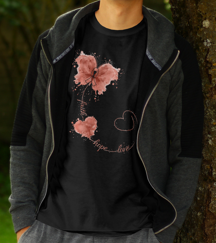 Faith Hope Love Butterfly Ribbon Uterine Cancer Awareness T-Shirt