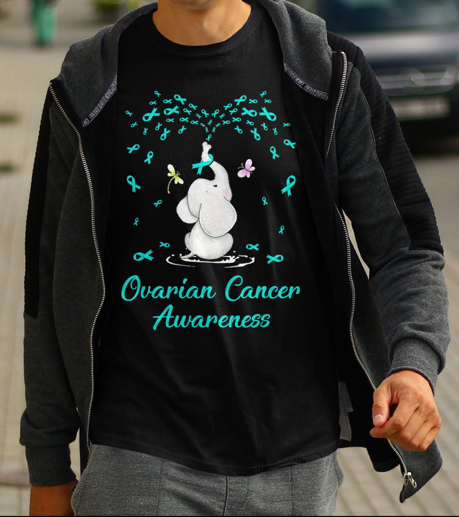 Ovarian Cancer Awareness Elephant With Ribbon And Butterflies T-Shirt
