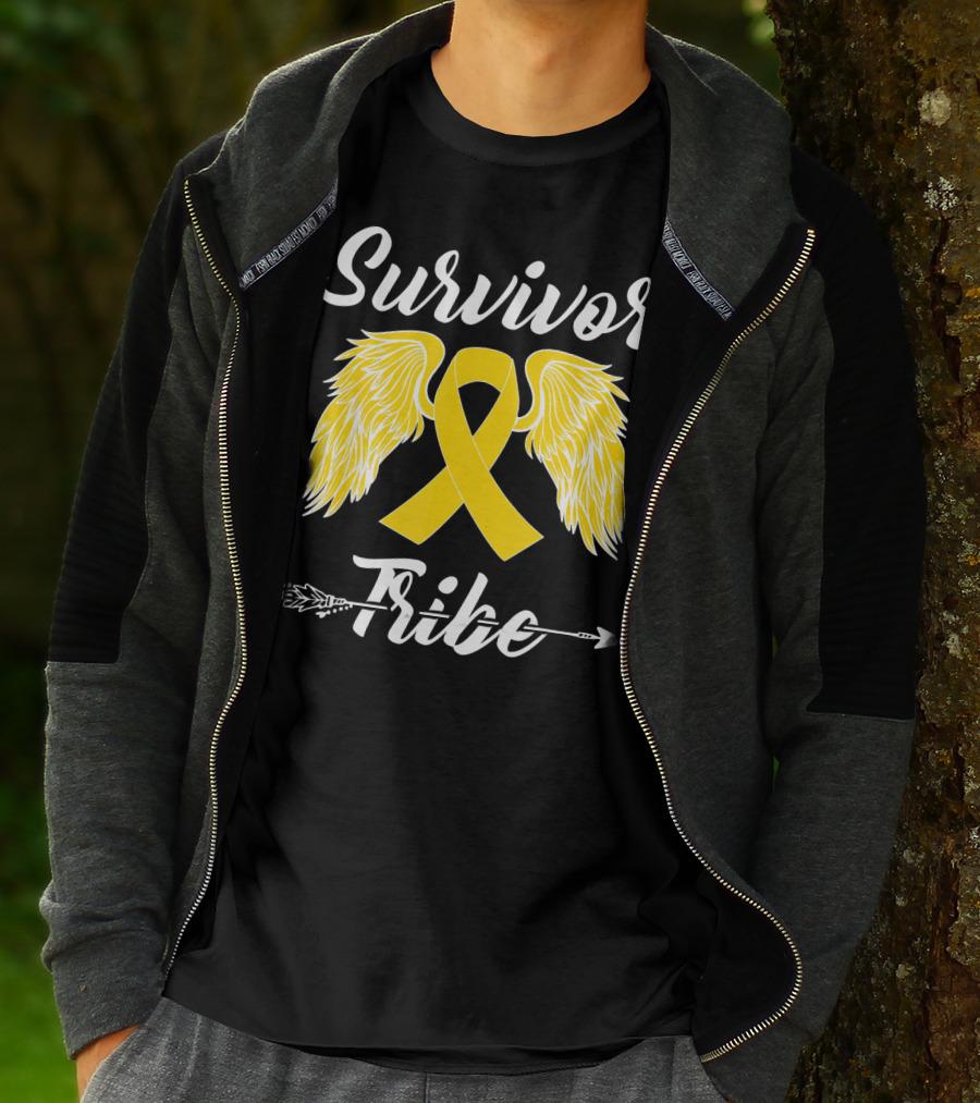 Survivor Tribe Childhood Cancer Awareness Yellow Ribbon Wings T-Shirt