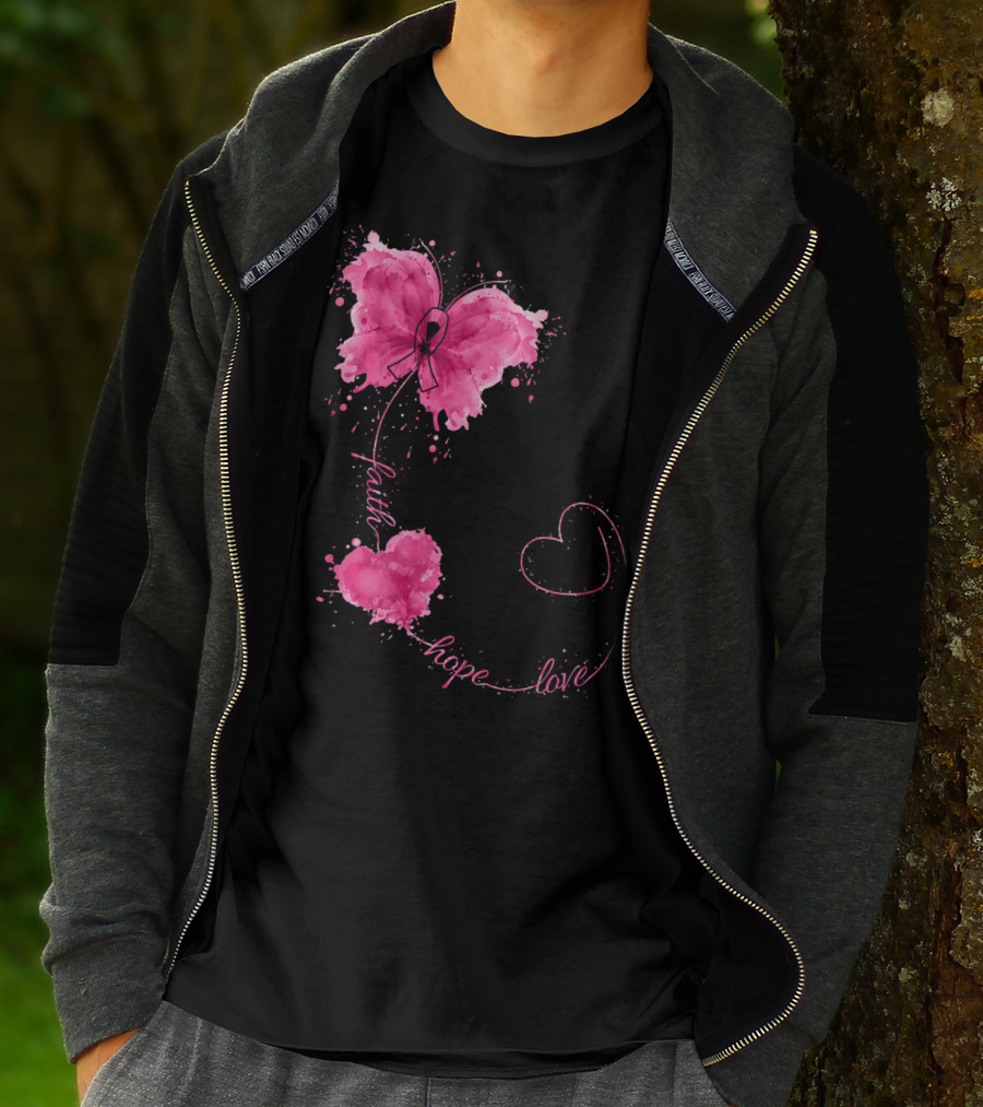 Faith Hope Love Butterfly With Pink Ribbon Breast Cancer Awareness T-Shirt