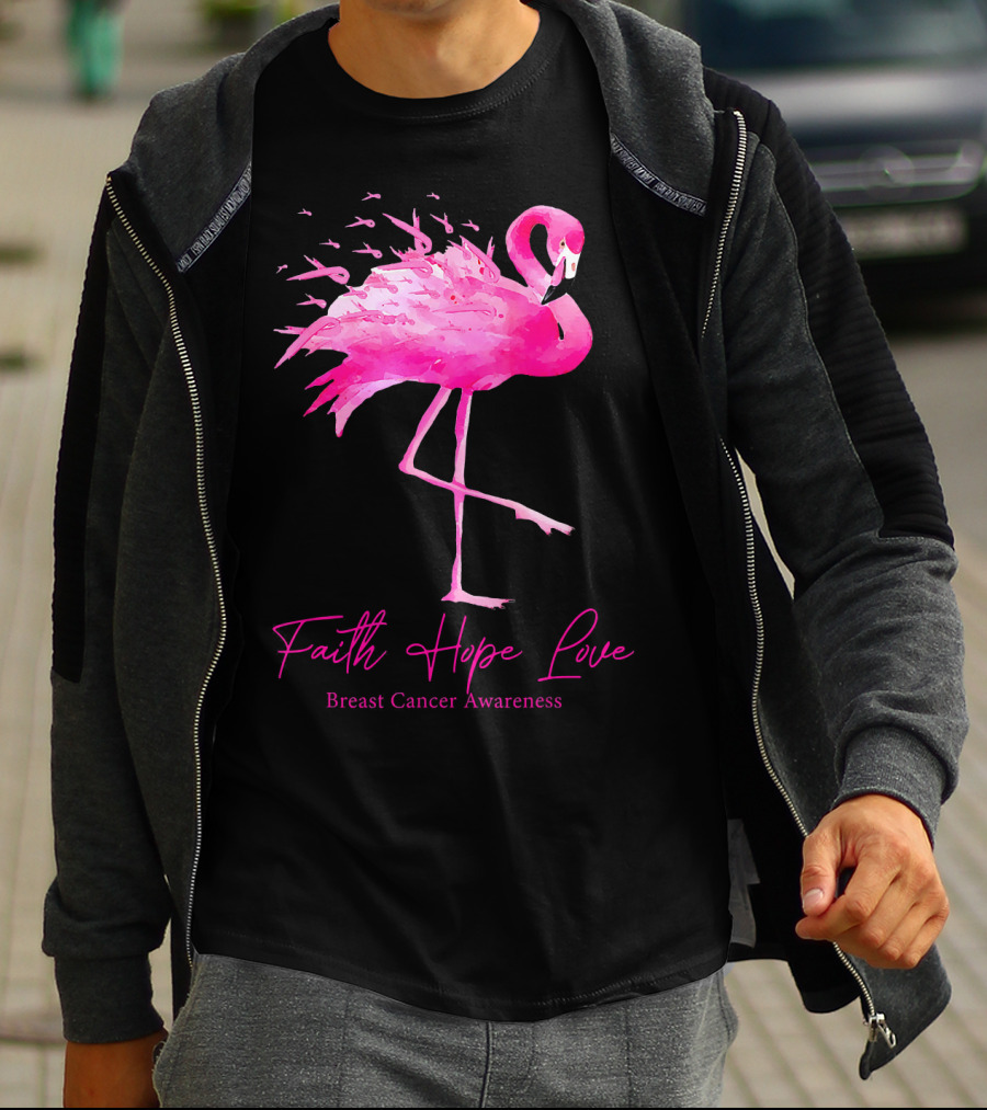 Faith Hope Love Flamingo Pink Breast Cancer Awareness T-Shirt