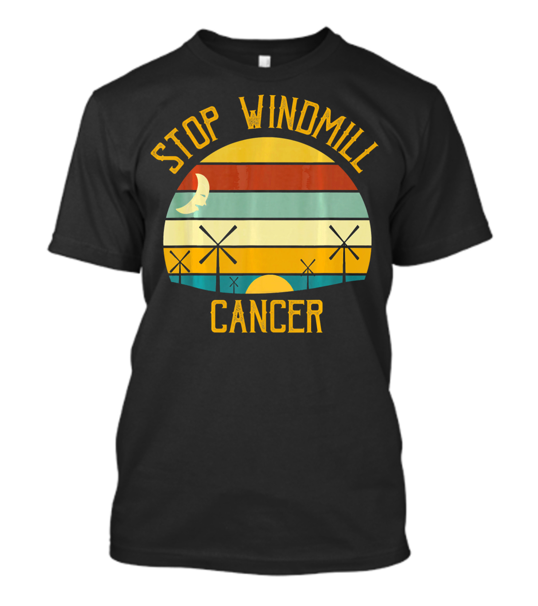 Stop Windmill Cancer Awareness Moon Sunset Stripes T-Shirt