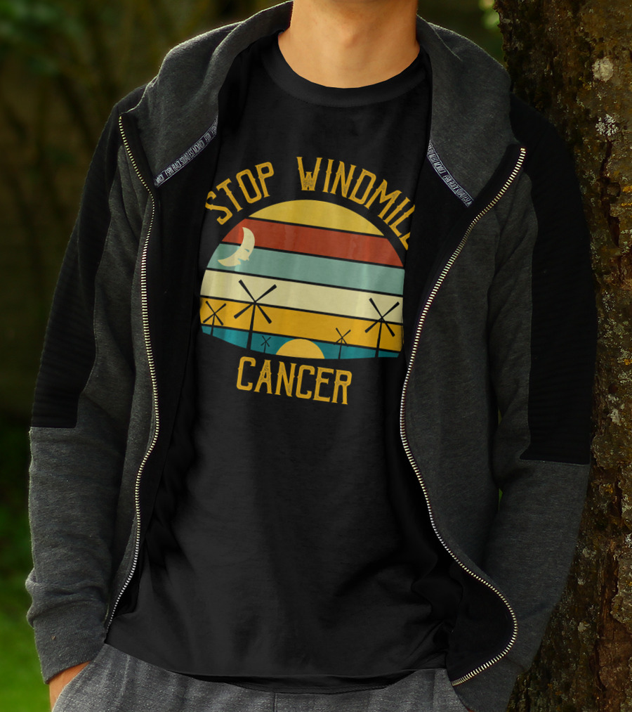 Stop Windmill Cancer Awareness Moon Sunset Stripes T-Shirt