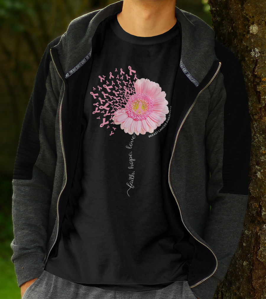 Faith Hope Love Dandelion Daisy Breast Cancer Awareness T-Shirt