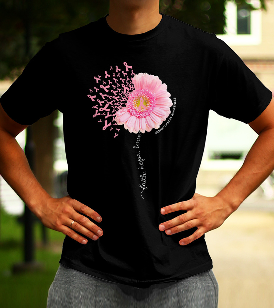 Faith Hope Love Dandelion Daisy Breast Cancer Awareness T-Shirt