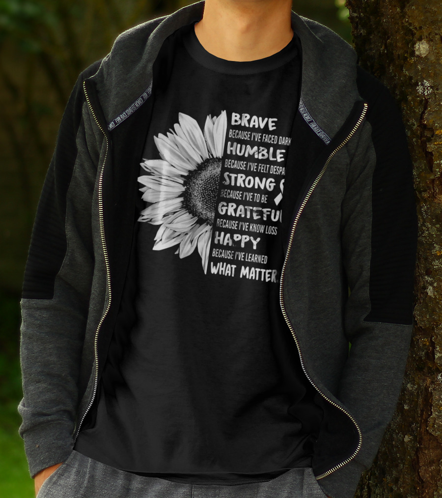 Brave Humble Strong Grateful Happy Sunflower White Ribbon Lung Cancer Awareness T-Shirt