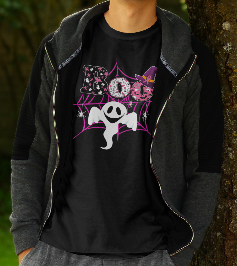 BOO Ghost Pink Ribbon Breast Cancer Awareness Halloween Spider Web Hat T-Shirt