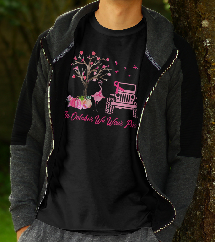 In October We Wear Pink Flamingo Jeep Breast Cancer Awareness T-Shirt