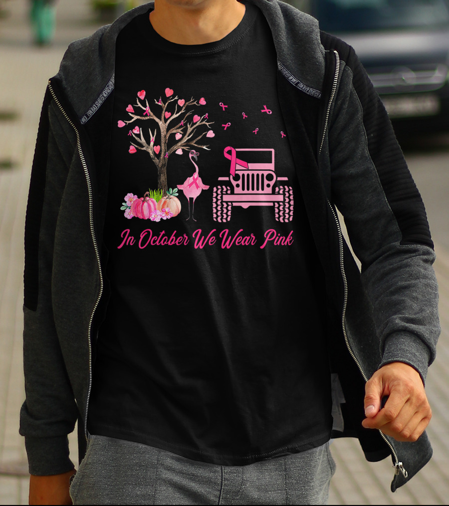 In October We Wear Pink Flamingo Jeep Breast Cancer Awareness T-Shirt