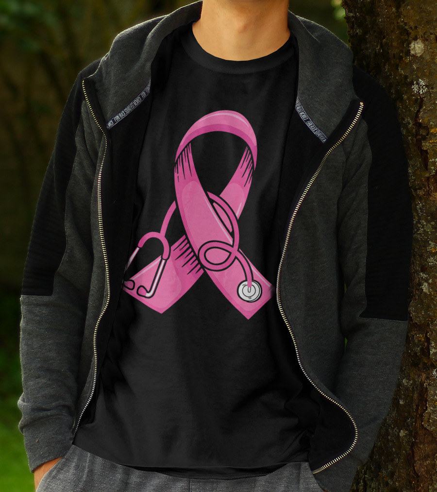 Pink Ribbon Heartbeat Nurse Doctor Breast Cancer Awareness Stethoscope T-Shirt